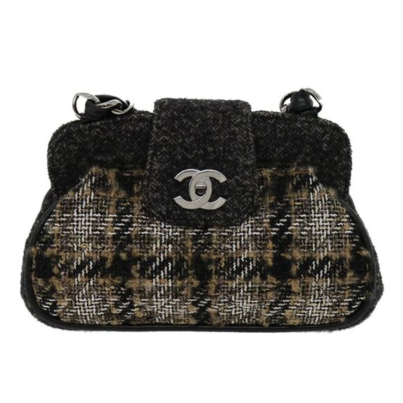 CHANEL Turn Lock Chain Shoulder Bag Wool Gray CC Auth - Picture 7 of 15